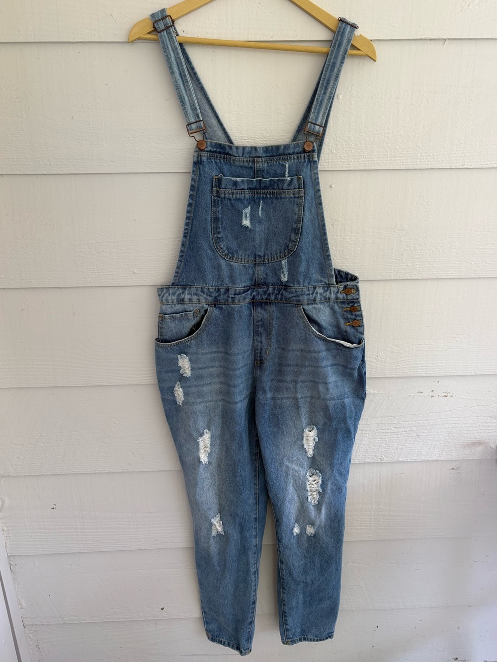 Forever 21 Blue Distressed Denim Overalls Size 30 Y2K Boyfriend Dungarees